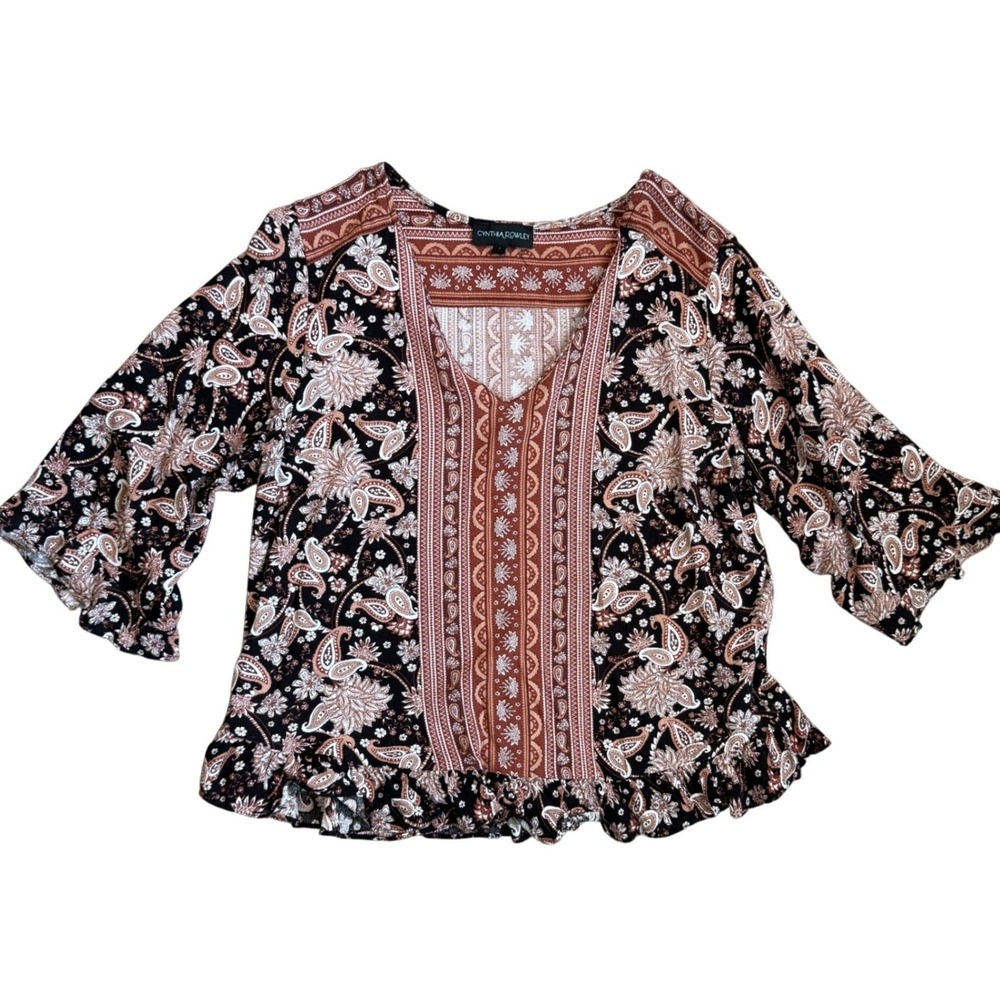 Cynthia Rowley Sz L Womens Paisley Floral V-Neck Smocked Hem Ruffle Rust Black L